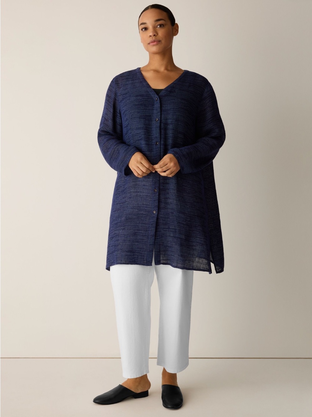 EILEEN FISHER Linen Gauze Strata V-Neck Long Top in Ink - Picture 3 of 10